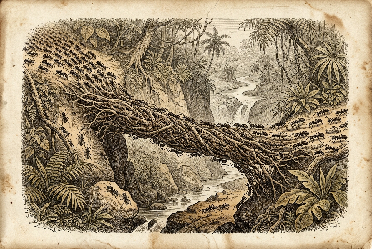 Army Ants Build Living Bridges — AI illustration