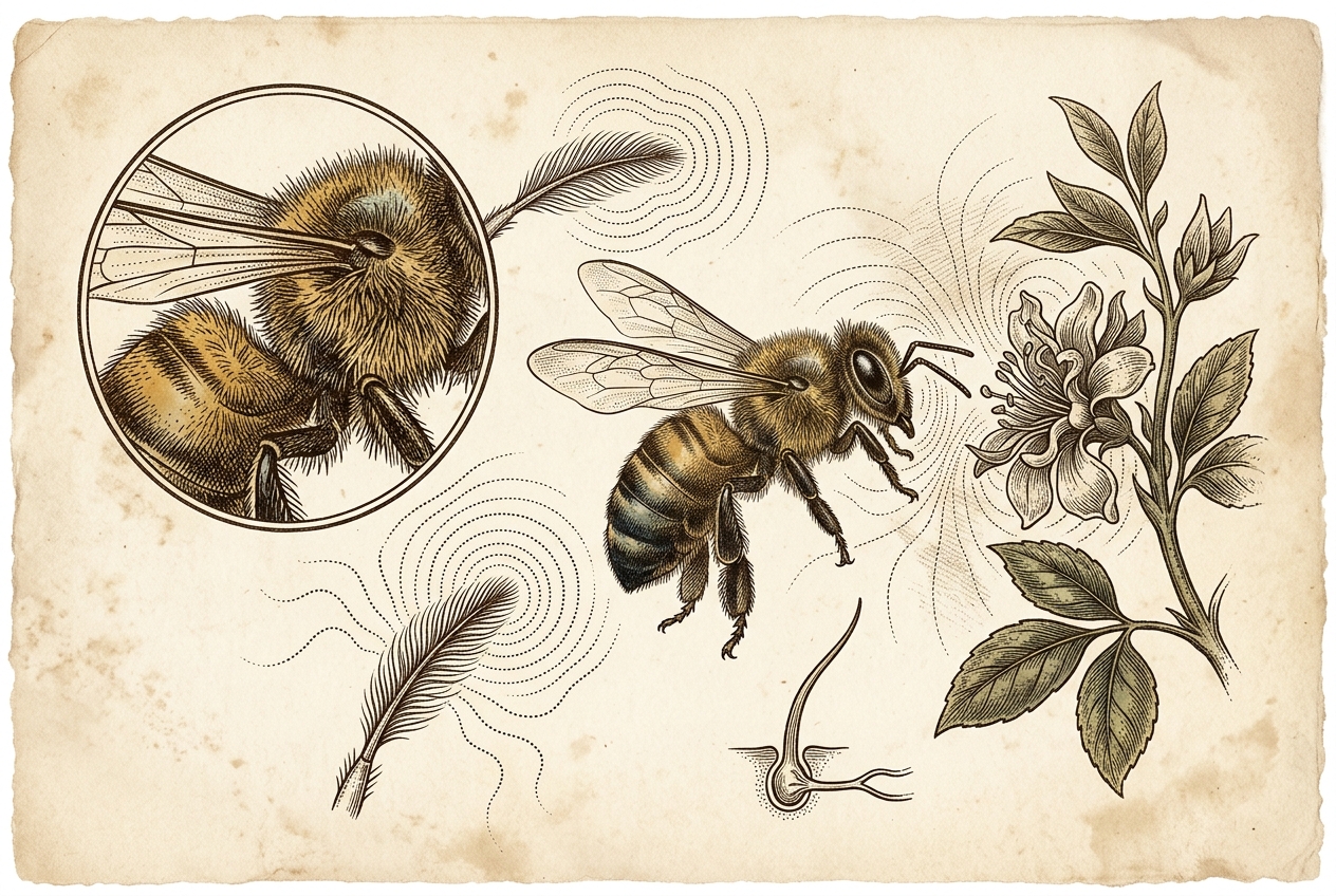 Antique engraving of a fuzzy bumblebee approaching a flower, faint field lines curling around the petals