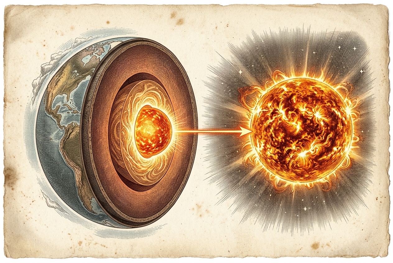 Victorian cross-section of Earth showing solid inner core glowing like sun, parchment museum chart