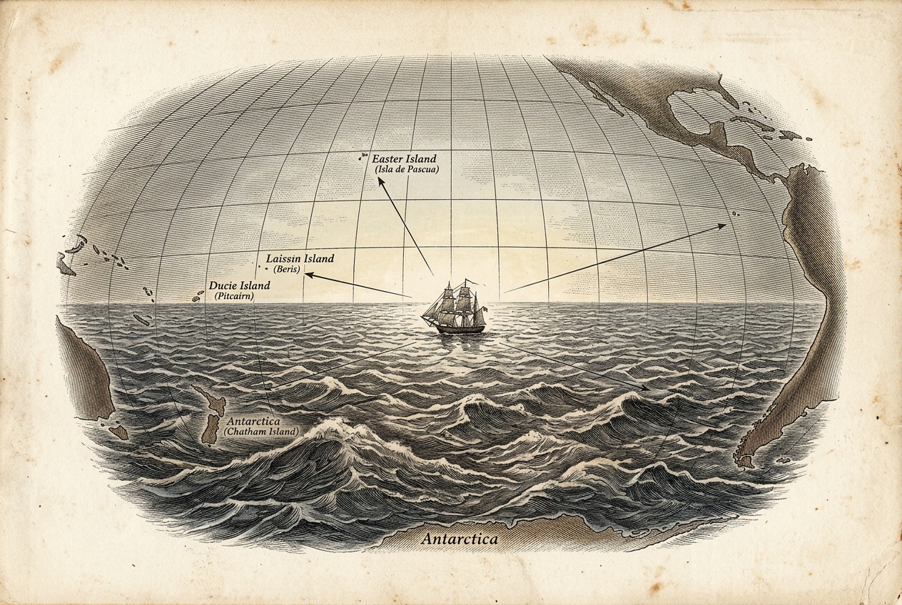 Antique engraving of a lone empty ocean under a starry sky, a tiny space station passing overhead