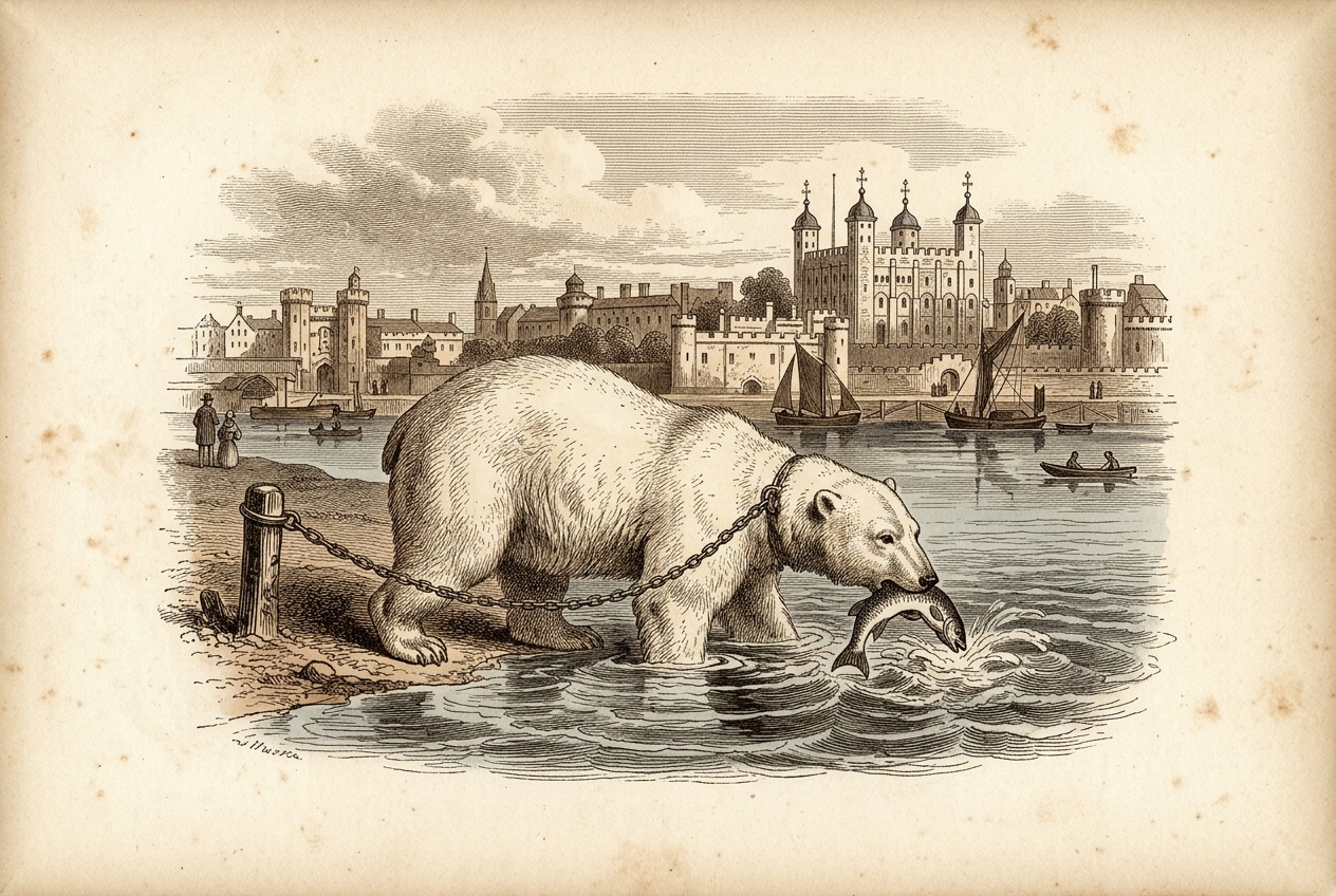 Antique engraving of a white bear on a long rope catching a fish in the Thames beside the Tower of London