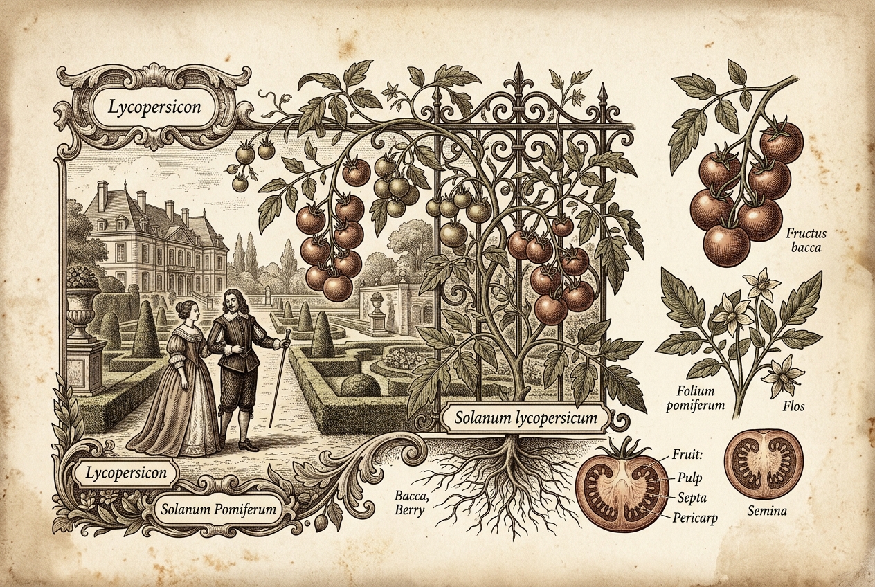 Victorian botanical engraving of tomato as true berry with 1520 Spanish galleon and 1692 Antonio Latini cookbook, parchment chart