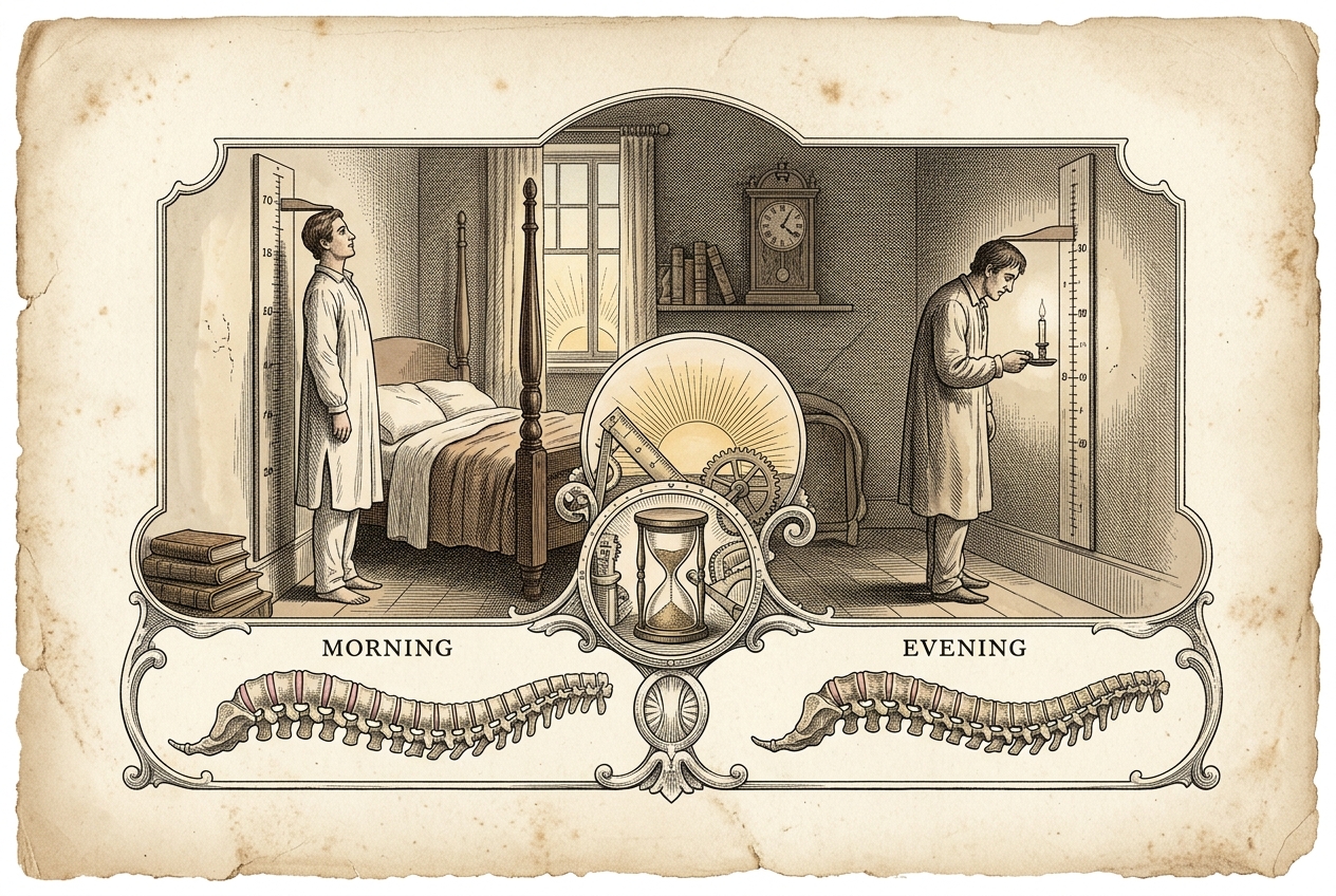 Antique anatomical sketch of human spine discs compressing from morning to evening, parchment chart