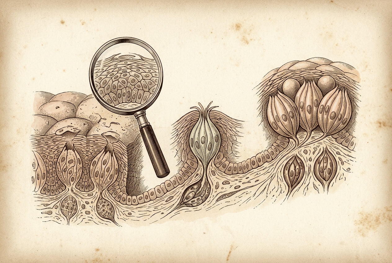 Victorian microscope illustration of tongue papillae and taste bud renewal cycle, ink sketch on parchment