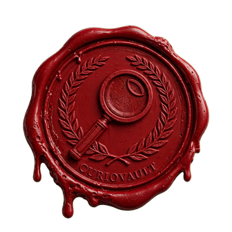 CurioVault red wax seal with a magnifying glass at 45 degrees